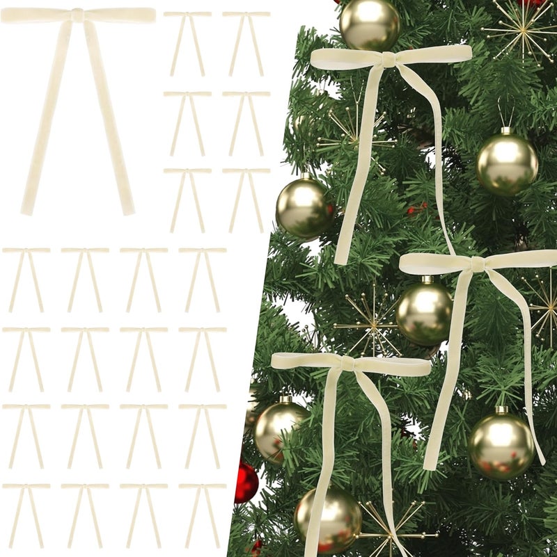 Lavwix 40Pcs Velvet Ribbon Bows, 5x7 Inch Pre-Tied Bows Christmas Ornaments for Xmas Tree, Garland, Wreath, Gift and Holiday Home Décor (5 x 7 Inch, Width of 3/8", Champagne) - Image 1